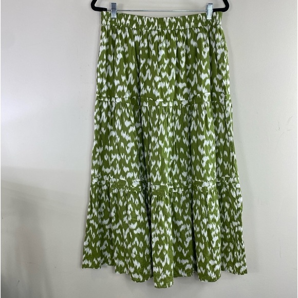 Antthony HSN Green White Ikat Print‎ 100% Cotton Tiered Skirt w/Pockets Sz L - Picture 4 of 13